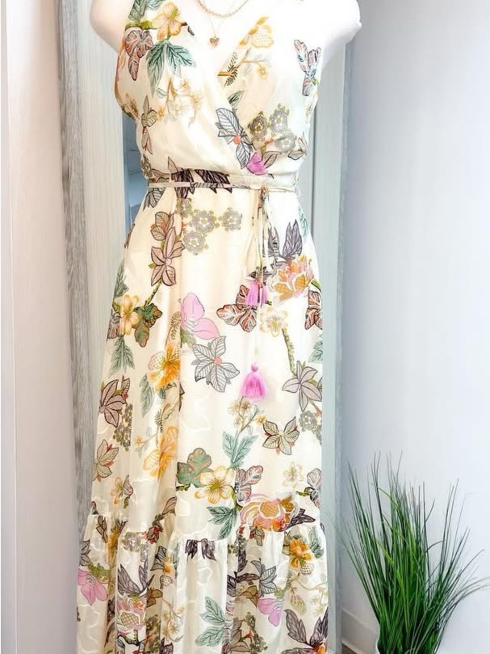 fab'rik Ivory Floral Wrap Maxi Dress with Pink Tassel Accents